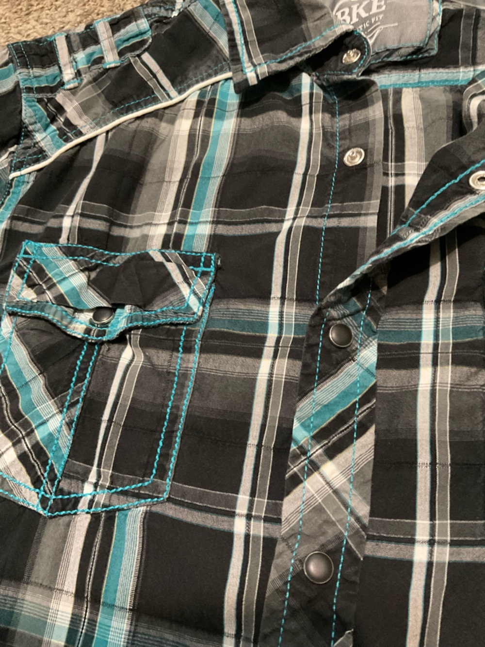 Buckle Black, Teal & White Plaid Athletic Fit Snap Button-Down Shirt Large - Picture 4 of 8